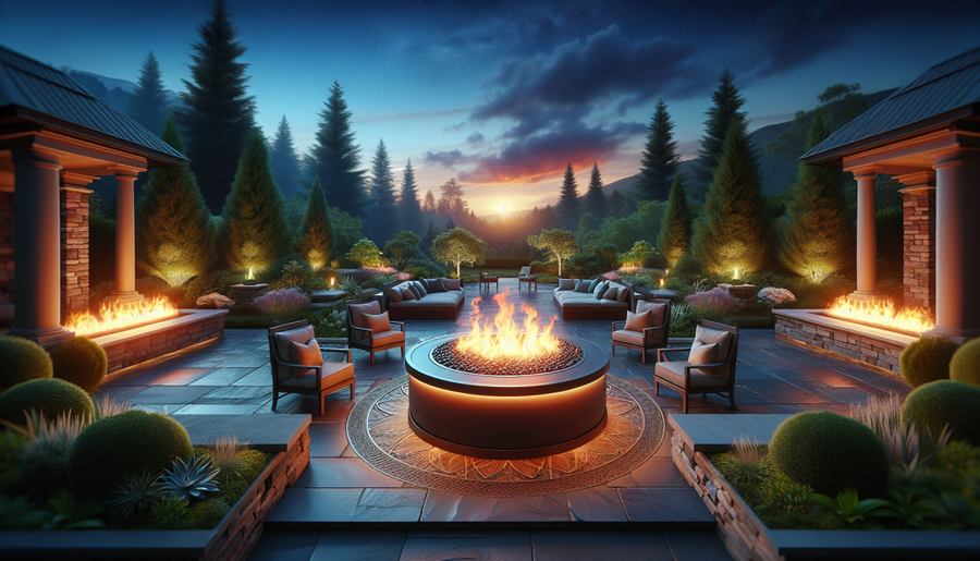 Elegant gas fire pit surrounded by outdoor furniture