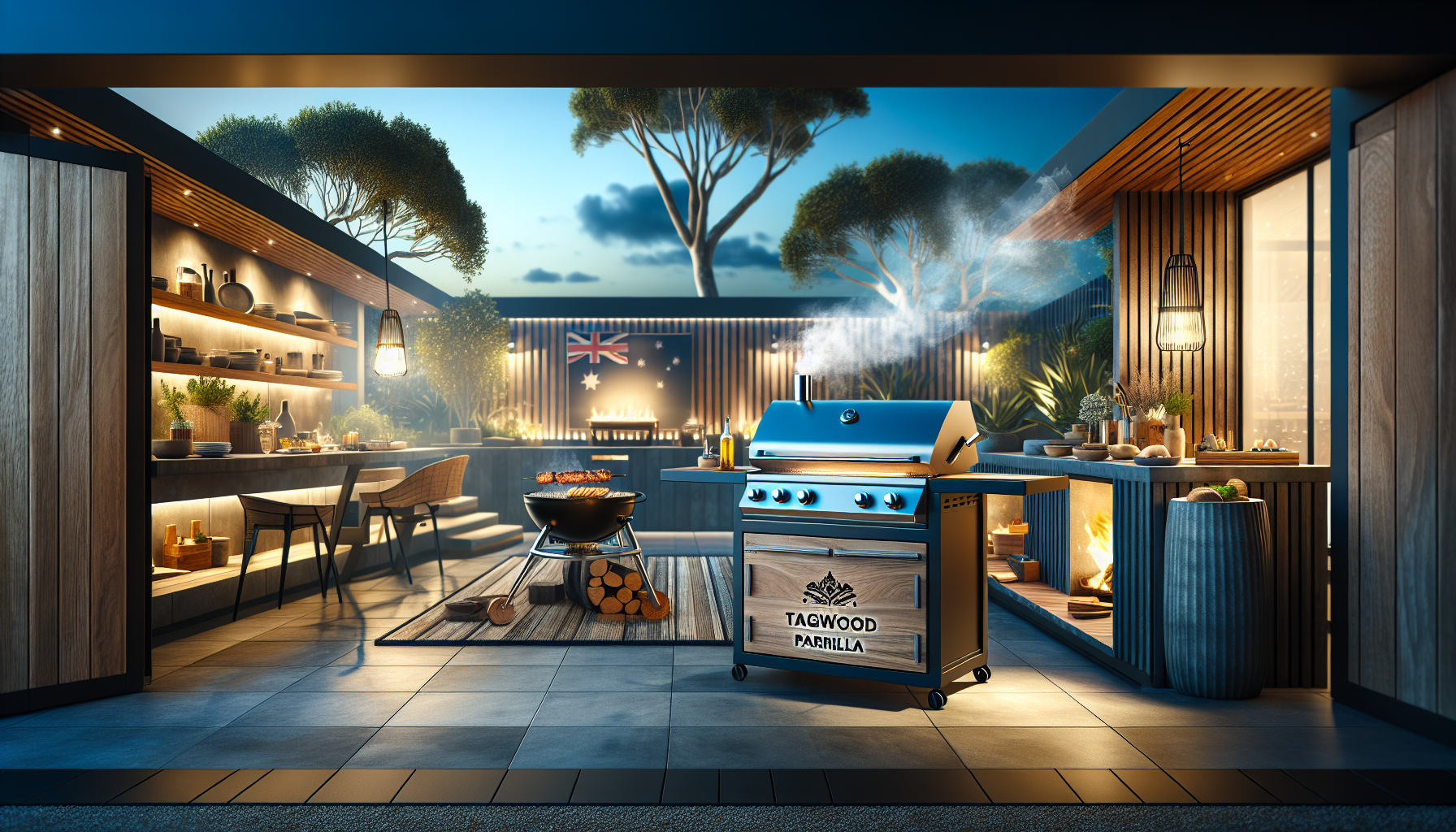 Tagwood Parrilla Grill in an elegant outdoor kitchen setting, perfect for Australian entertaining.