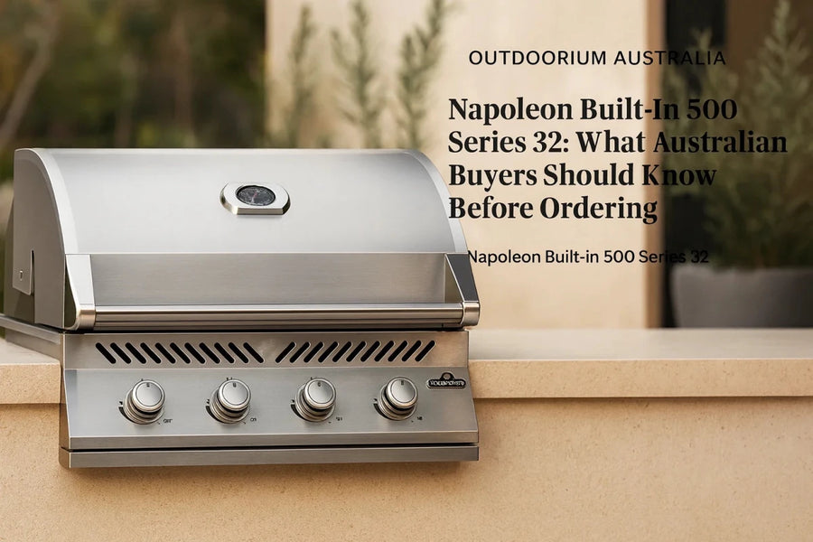 Napoleon Built-In 500 Series 32 stainless steel built-in gas BBQ in an Australian outdoor kitchen.