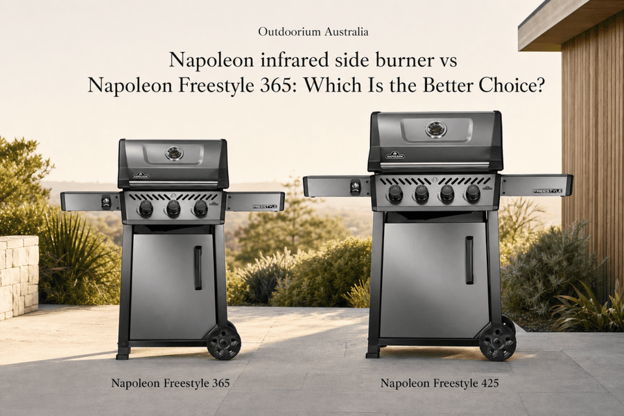 Napoleon infrared side burner compared with Napoleon Freestyle 365 gas BBQ in a premium Australian alfresco cooking area