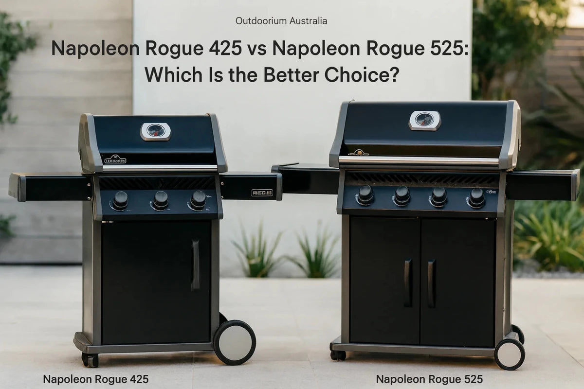 Napoleon Rogue Series gas BBQ in a premium Australian alfresco setting, representing the Rogue 425 and Rogue 525 comparison.