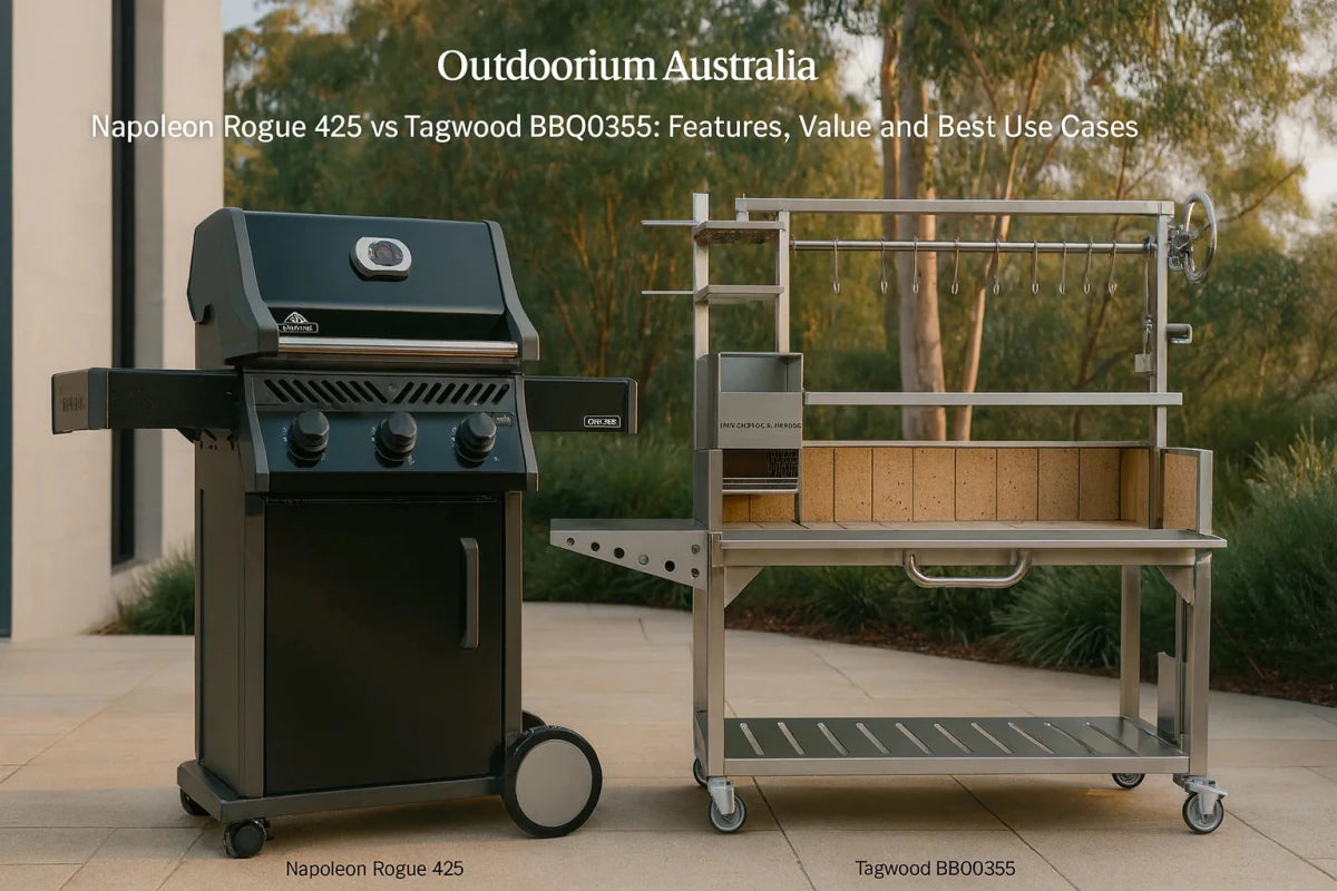 Napoleon Rogue 425 gas BBQ compared with Tagwood BBQ03SS Argentinian parrilla grill in an Australian outdoor entertaining setting