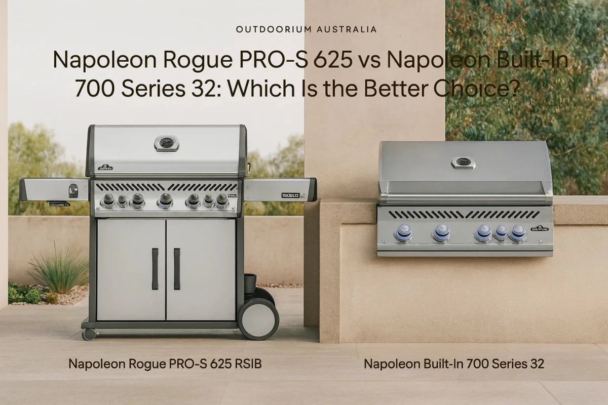 Napoleon Rogue PRO-S 625 and Napoleon Built-In 700 Series 32 BBQs compared in a premium Australian alfresco setting