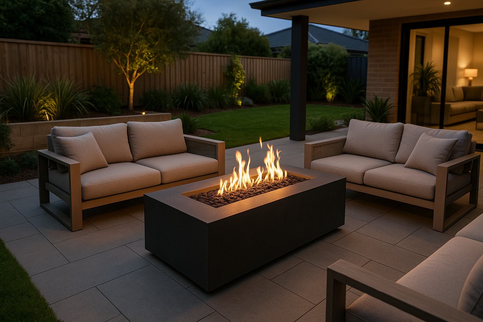 Outdoor gas fire pit in a beautiful Australian backyard