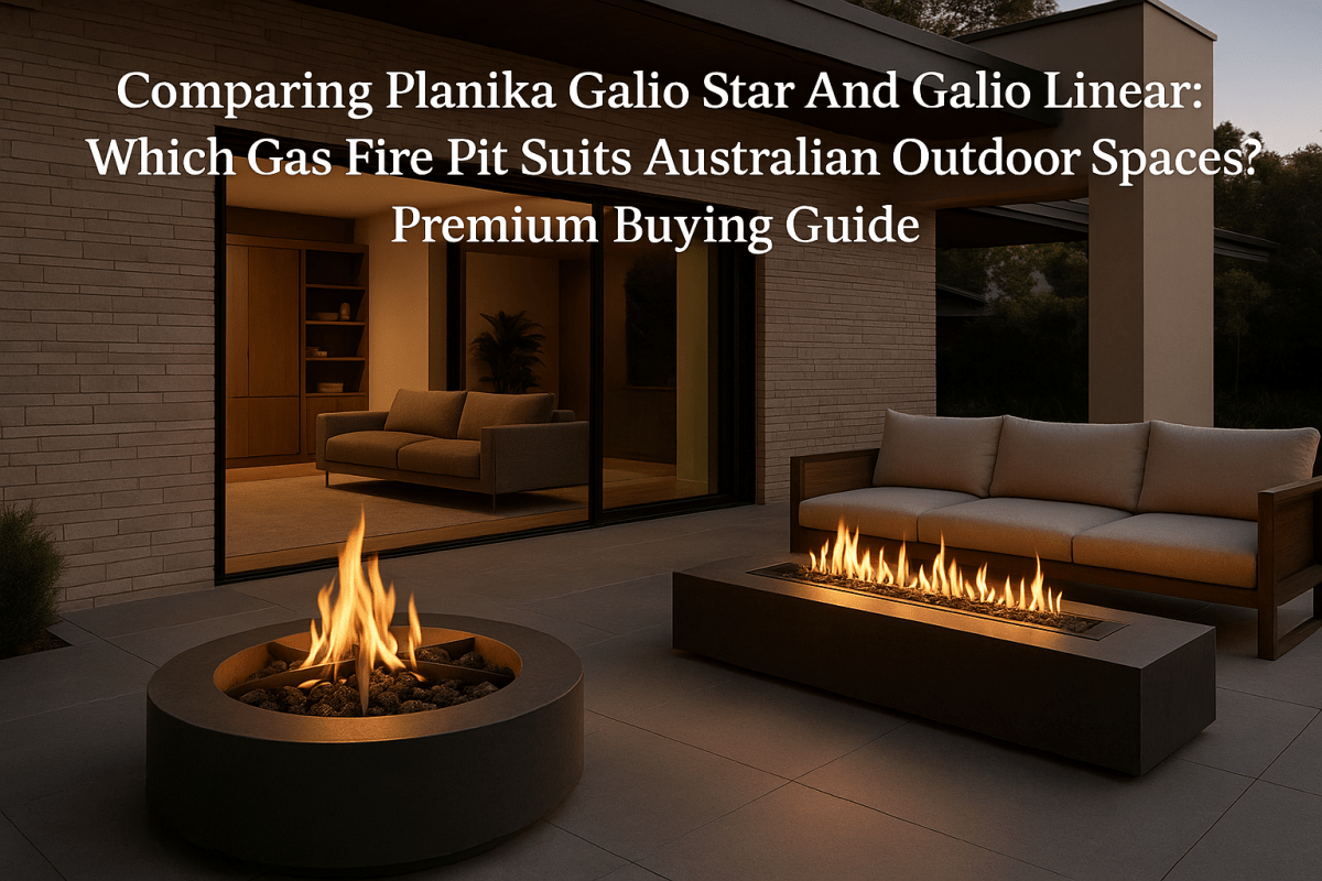 Planika Galio Star and Galio Linear gas fire pits in a luxurious Australian outdoor setting.