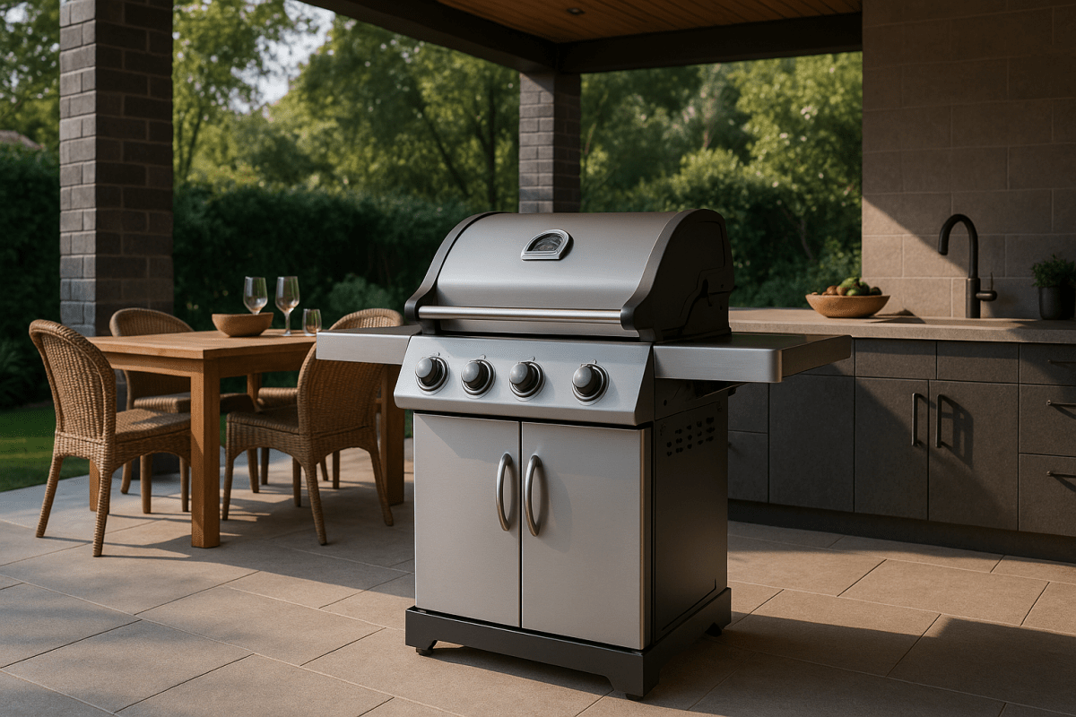Napoleon Freestyle gas BBQ in a premium Australian alfresco outdoor kitchen setting.