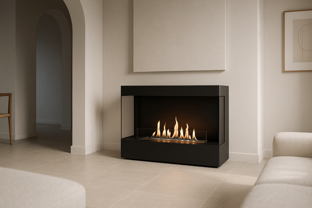 Decoflame Denver bioethanol fireplace in a sleek Australian outdoor living setting with refined flame presentation.