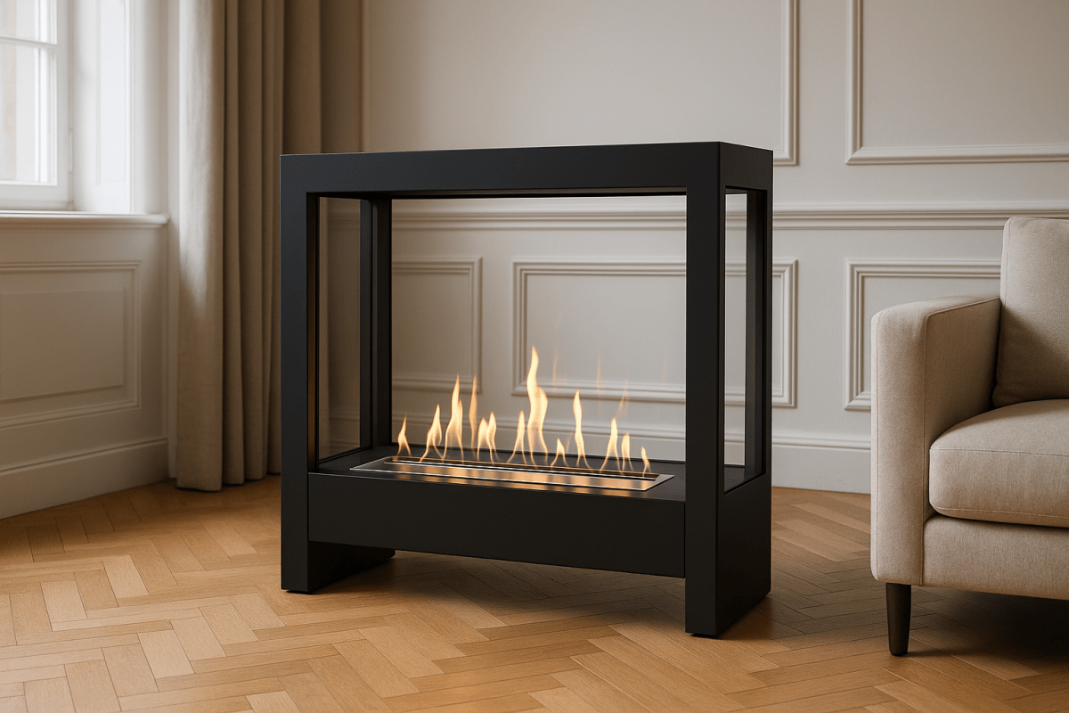Decoflame Westminster bioethanol fireplace in a refined modern Australian living room