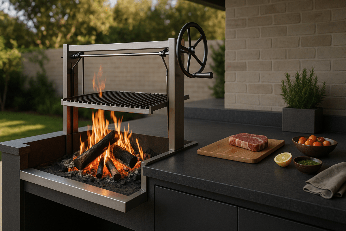 Tagwood Argentinian-style parrilla grill in a premium Australian outdoor kitchen entertaining setting
