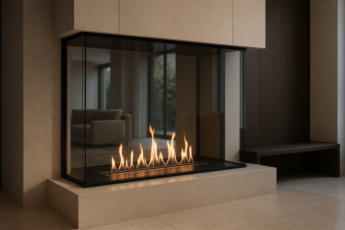 Planika PrimeFire indoor bioethanol fireplace in a contemporary Australian living room.