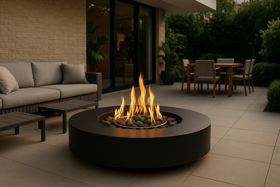 Planika Galio Star outdoor gas fire pit in a premium Australian alfresco entertaining setting