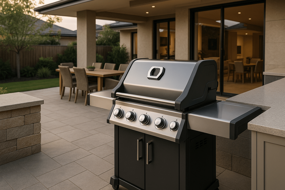 Napoleon Rogue Series gas BBQ in a premium Australian alfresco cooking area
