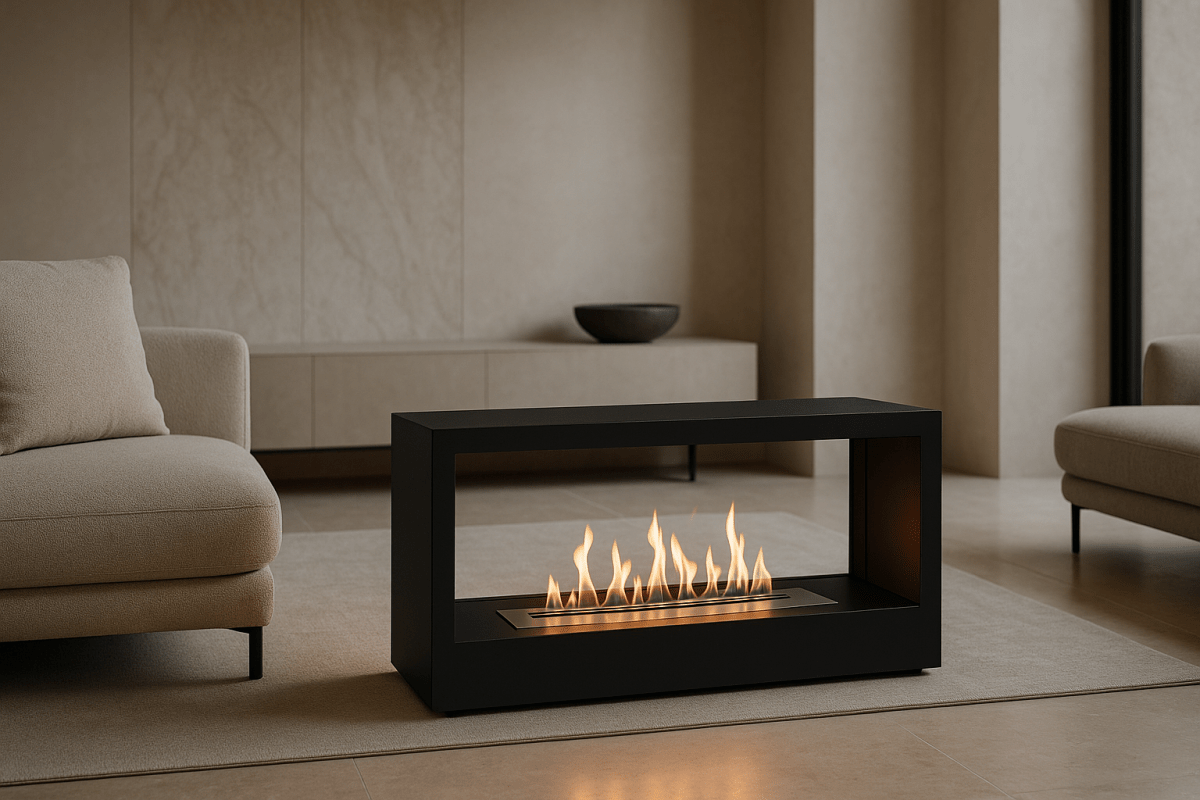 Decoflame Denver bioethanol fireplace in a luxurious outdoor lounge setting