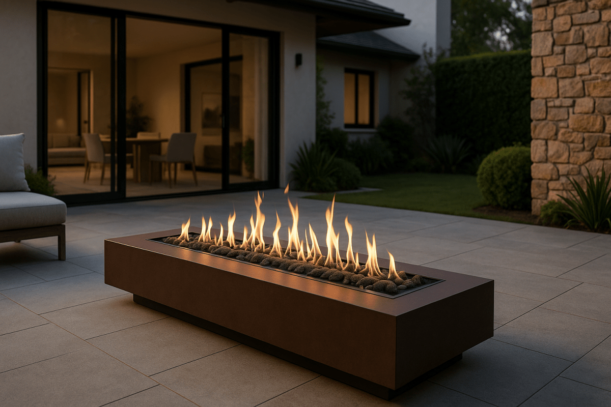 Planika Galio Linear gas fire pit in a premium contemporary Australian alfresco setting