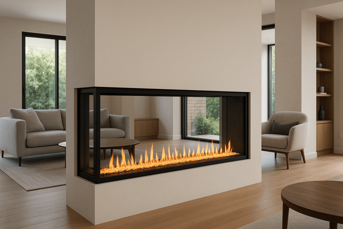 Napoleon CLEARion Elite electric fireplace creating refined ambience in a contemporary Australian outdoor lounge.