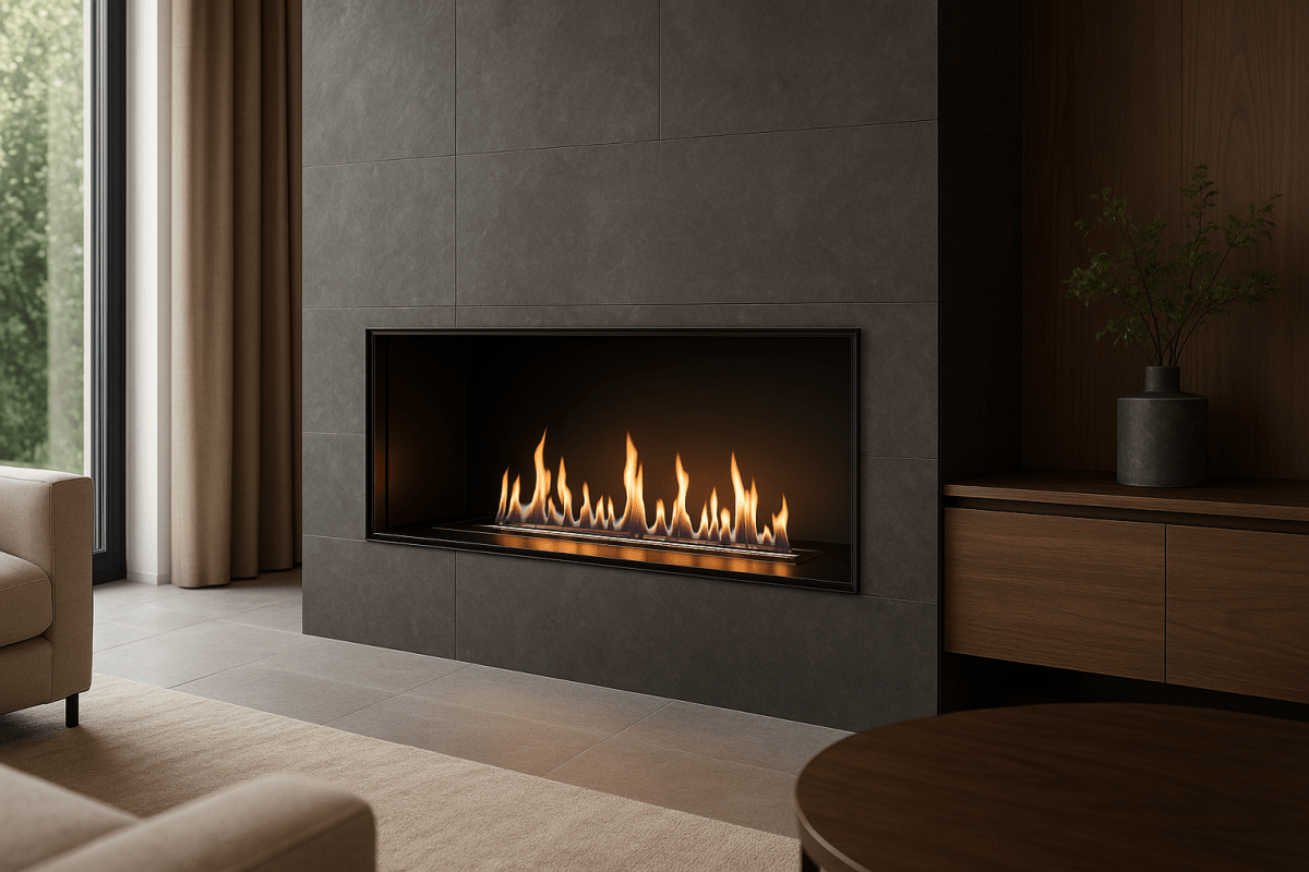 Planika PrimeFire indoor bioethanol fireplace in a contemporary Australian garden-facing living space.