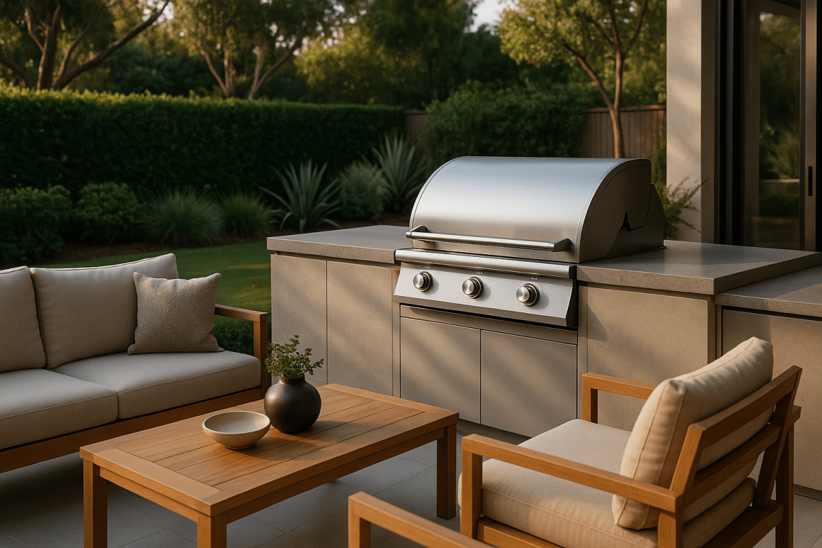 Premium fire pit furniture set arranged around a gas fire pit in an Australian outdoor living area