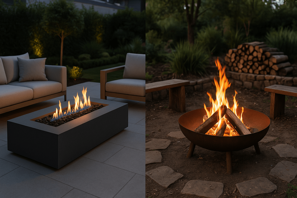 Premium Australian alfresco setting comparing a gas fire pit and a wood burning fire pit