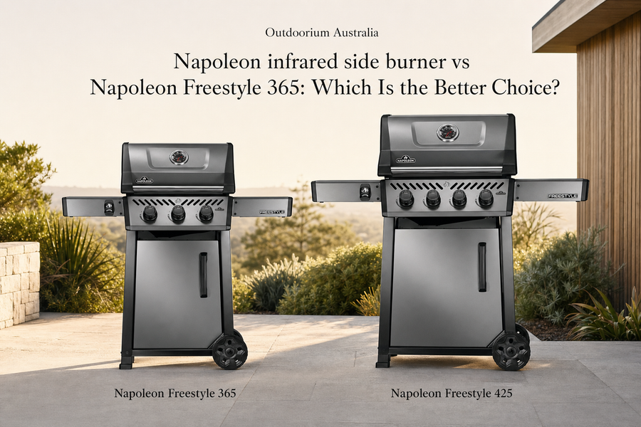Napoleon infrared side burner compared with Napoleon Freestyle 365 gas BBQ in a premium Australian alfresco cooking area