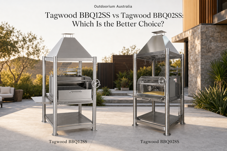 Tagwood BBQ12SS and Tagwood BBQ02SS Argentinian-style parrilla BBQs in a premium Australian alfresco entertaining setting
