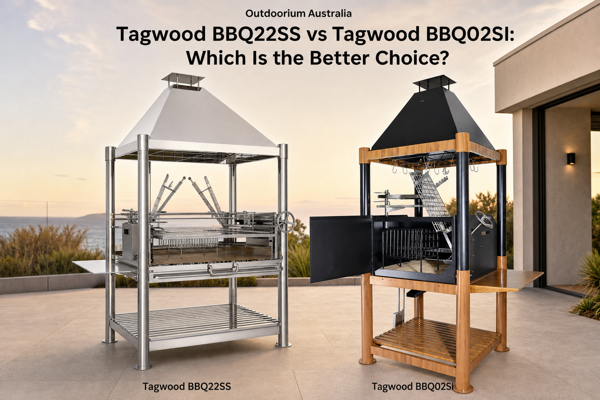 Tagwood BBQ22SS and Tagwood BBQ02SI Argentinian-style parrilla BBQs in a premium Australian alfresco entertaining setting.