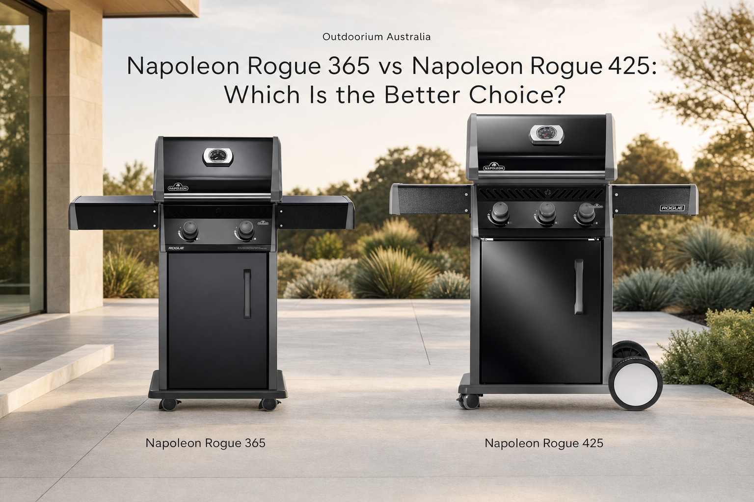 Napoleon Rogue 365 and Napoleon Rogue 425 gas BBQs in a premium Australian alfresco cooking setting.