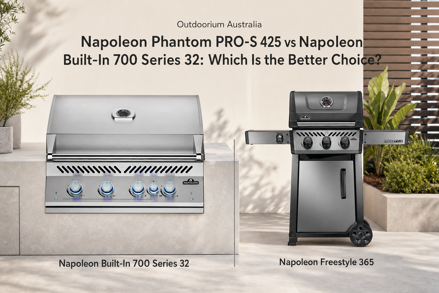 Napoleon Phantom PRO-S 425 compared with Napoleon Built-In 700 Series 32 in a premium Australian alfresco BBQ setting