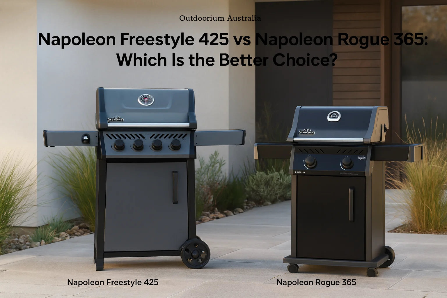 Napoleon Freestyle 425 and Napoleon Rogue Series Rogue 365 gas BBQs in a premium Australian alfresco outdoor kitchen.