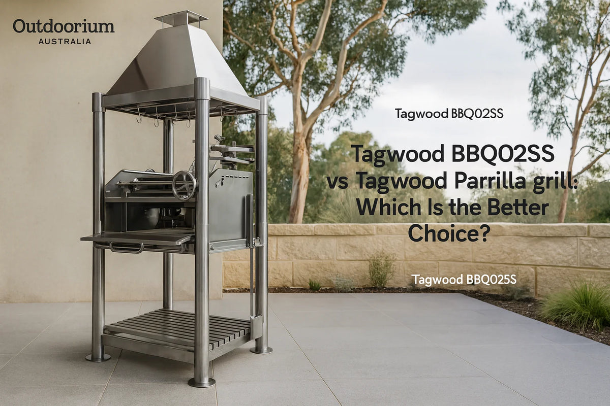 Tagwood BBQ02SS and Tagwood Parrilla grill in a premium Australian alfresco entertaining setting.