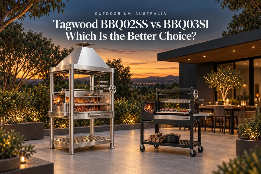Tagwood BBQ02SS and Tagwood Parrilla grill in a premium Australian alfresco entertaining setting.