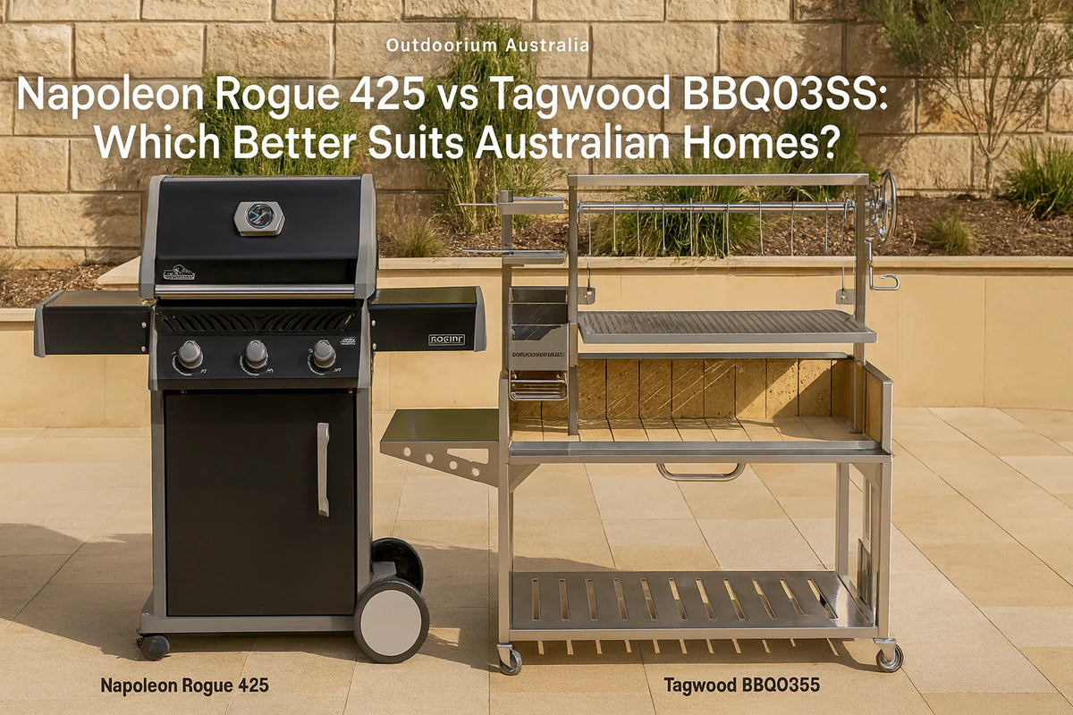 Napoleon Rogue 425 from the Rogue Series beside a Tagwood BBQ03SS parrilla grill in a premium Australian alfresco area.
