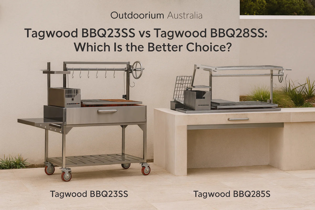 Tagwood BBQ23SS and Tagwood BBQ28SS stainless steel Argentinian parrilla BBQs in a premium outdoor entertaining setting