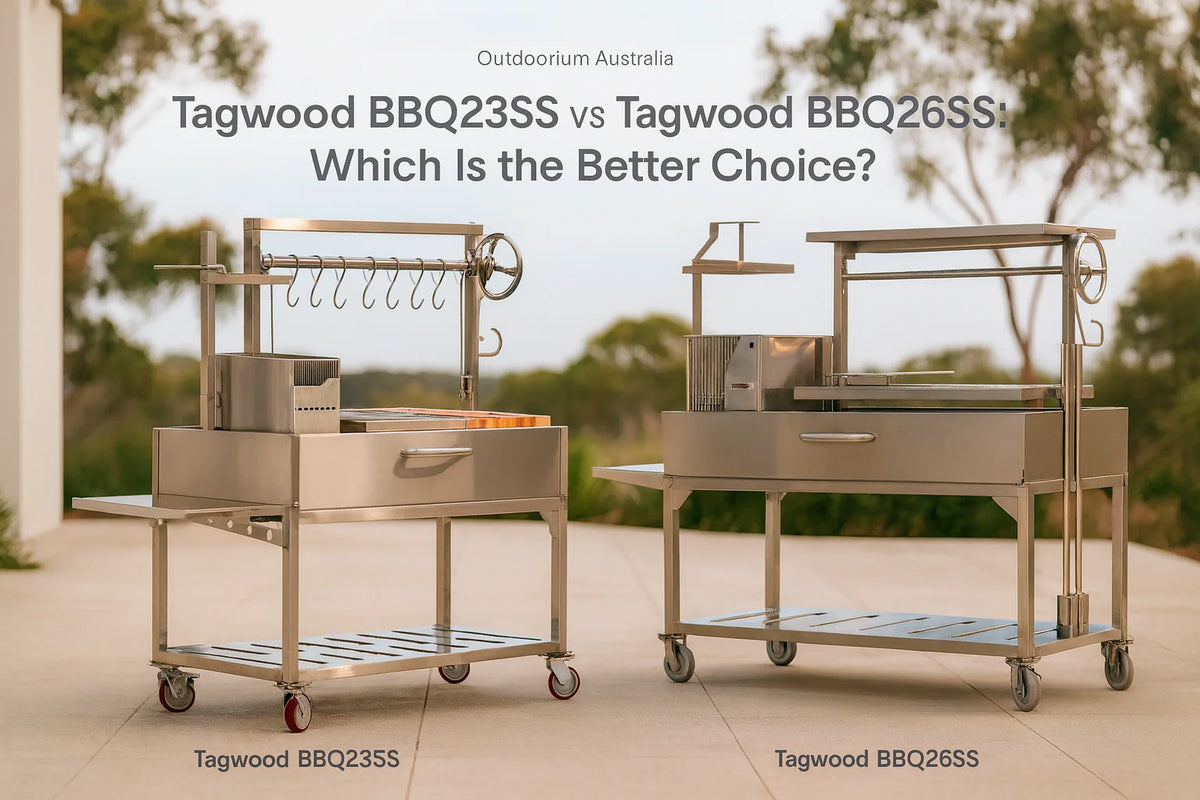 Tagwood BBQ23SS and Tagwood BBQ26SS Argentinian-style parrilla BBQs in a premium Australian alfresco entertaining setting