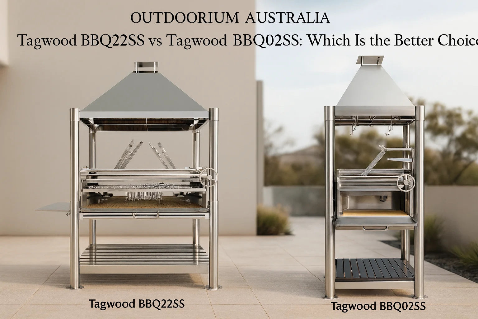 Tagwood BBQ22SS and Tagwood BBQ02SS Argentinian-style parrilla BBQs in a premium Australian outdoor entertaining setting.