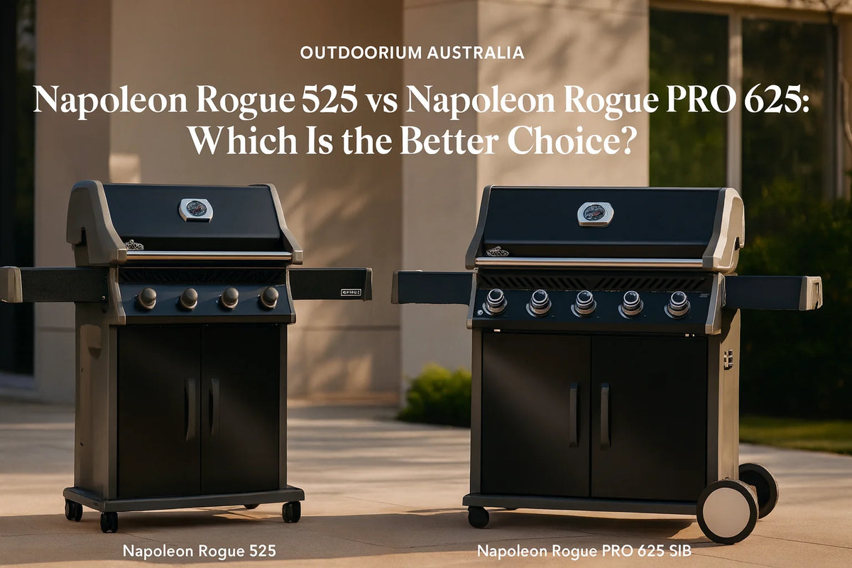 Napoleon Rogue Series gas BBQs in an Australian alfresco kitchen, representing the Rogue 525 and Rogue PRO 625 comparison.