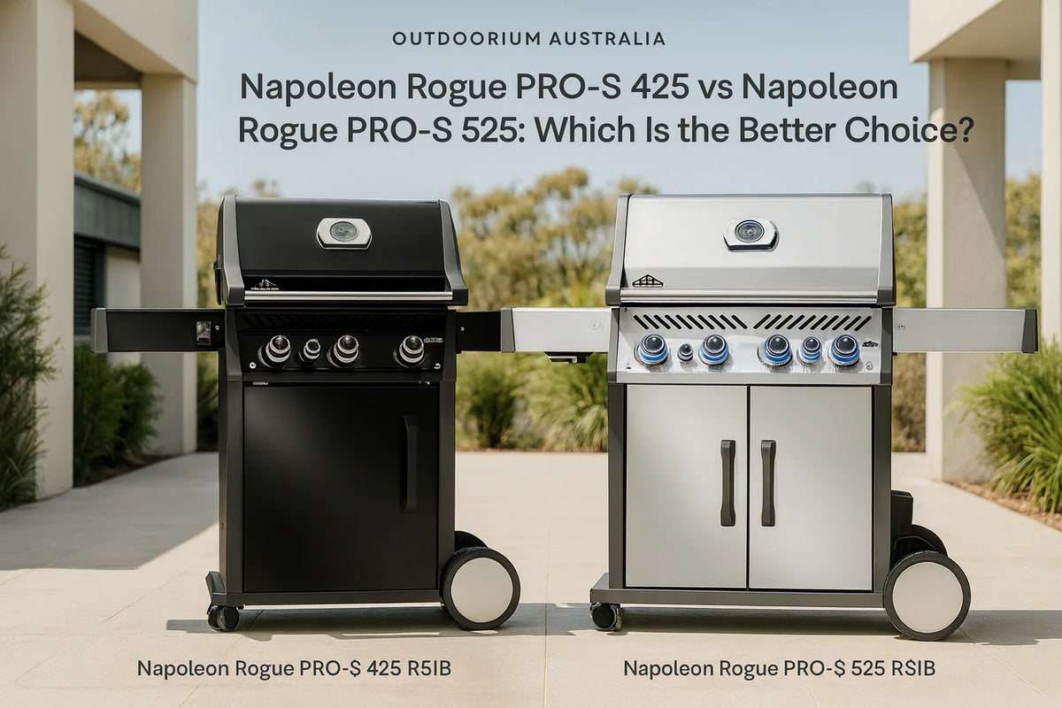 Napoleon Rogue PRO-S 425 and Napoleon Rogue PRO-S 525 gas BBQs in a premium Australian alfresco setting