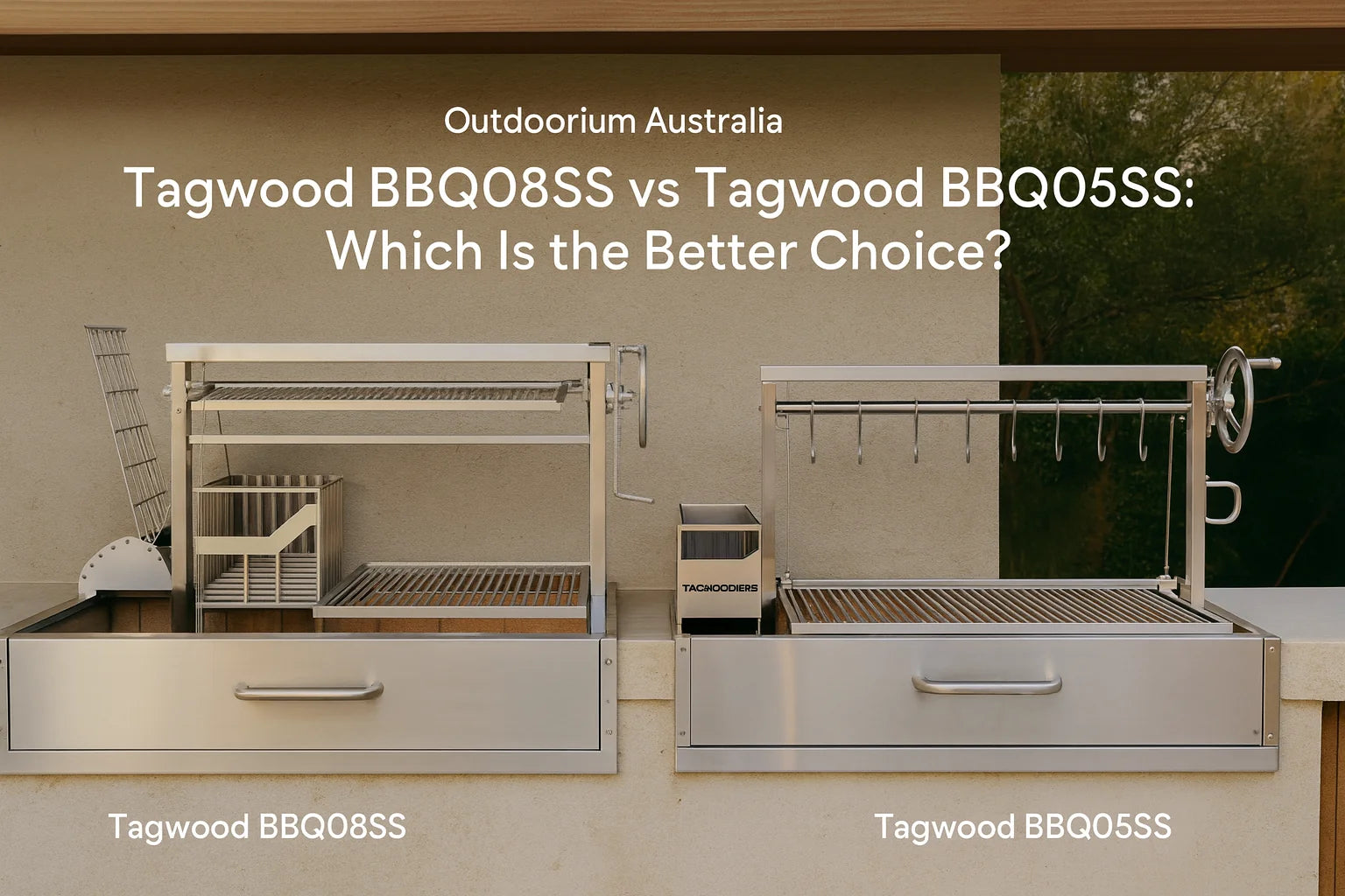 Tagwood BBQ08SS and Tagwood BBQ05SS Argentinian parrilla BBQs in a premium Australian outdoor entertaining setting