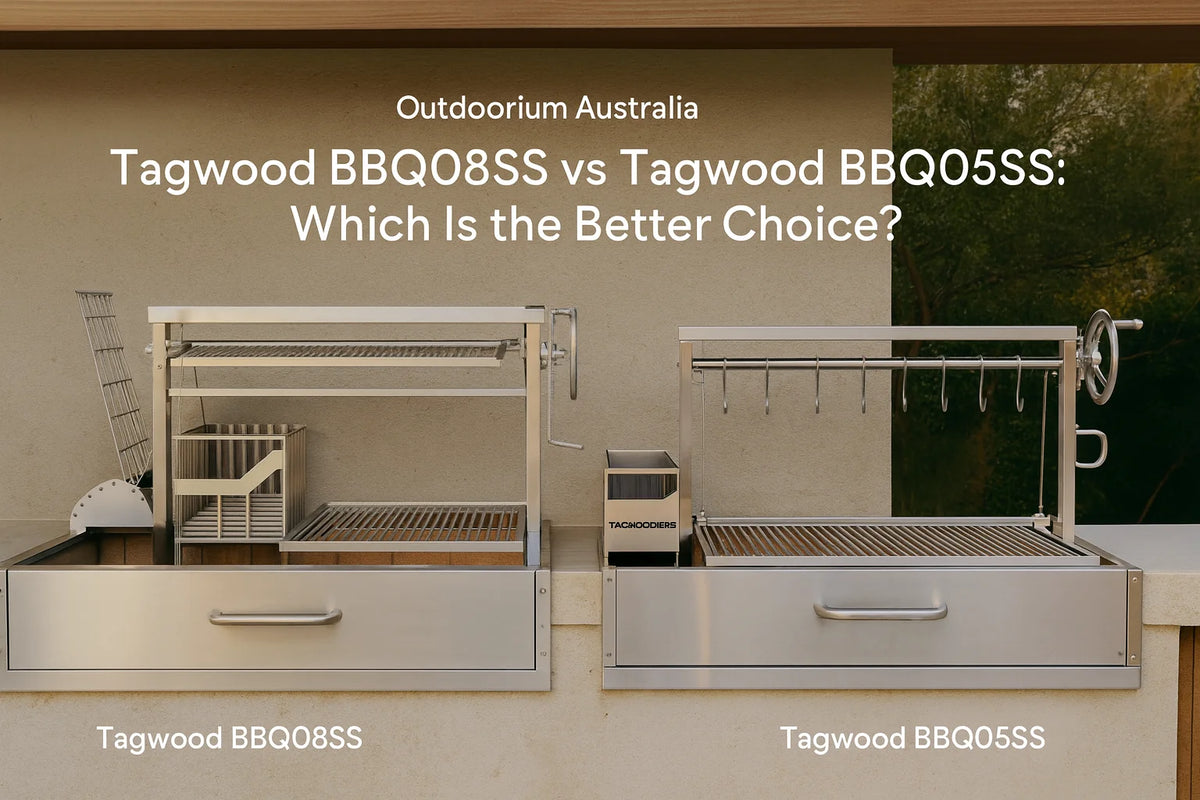 Tagwood BBQ08SS and Tagwood BBQ05SS Argentinian parrilla BBQs in a premium Australian outdoor entertaining setting