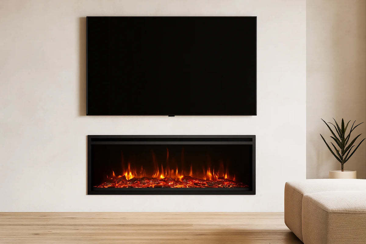 Amantii TRD Xtra Slim electric fireplace featured in a contemporary media wall within a premium Australian living room.
