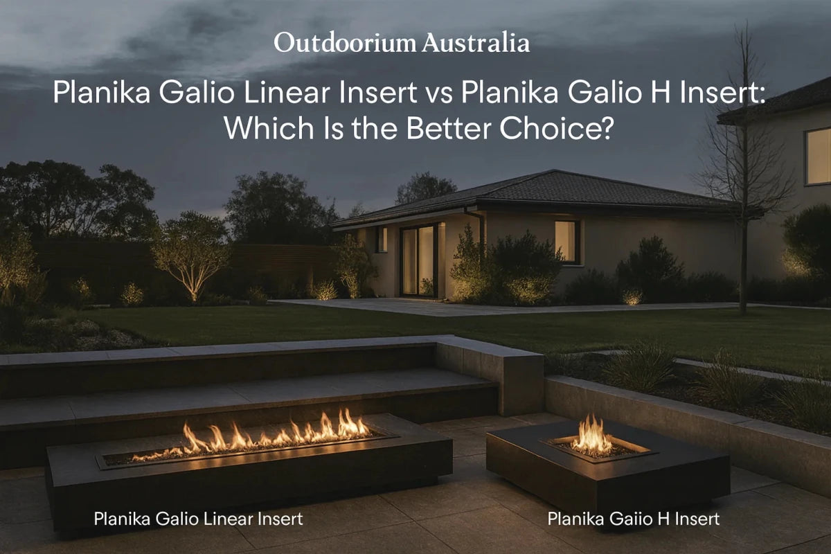Planika Galio Linear Insert and Planika Galio H Insert outdoor gas fire pit inserts in a premium Australian alfresco setting.