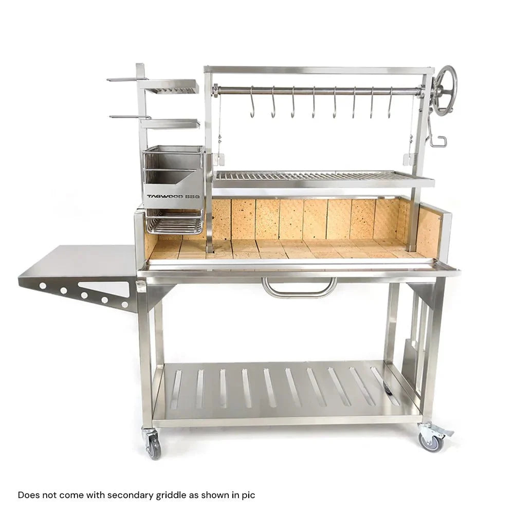 Tagwood BBQ03SS freestanding Argentine Santa Maria wood-fire and charcoal parrilla grill, featured in Outdoorium's freestanding versus built-in buying guide.