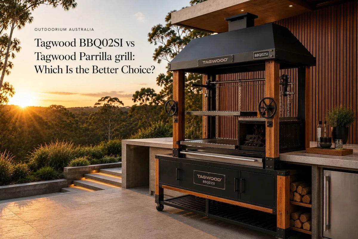 Tagwood BBQ02SI and Tagwood Parrilla Which Is the Better Choice shown as premium Argentinian-style parrilla BBQ grills in an Australian alfresco setting.