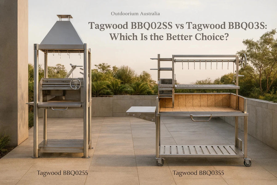 Tagwood BBQ02SS and Tagwood BBQ03SS stainless steel Argentinian parrilla BBQs in a premium Australian alfresco setting
