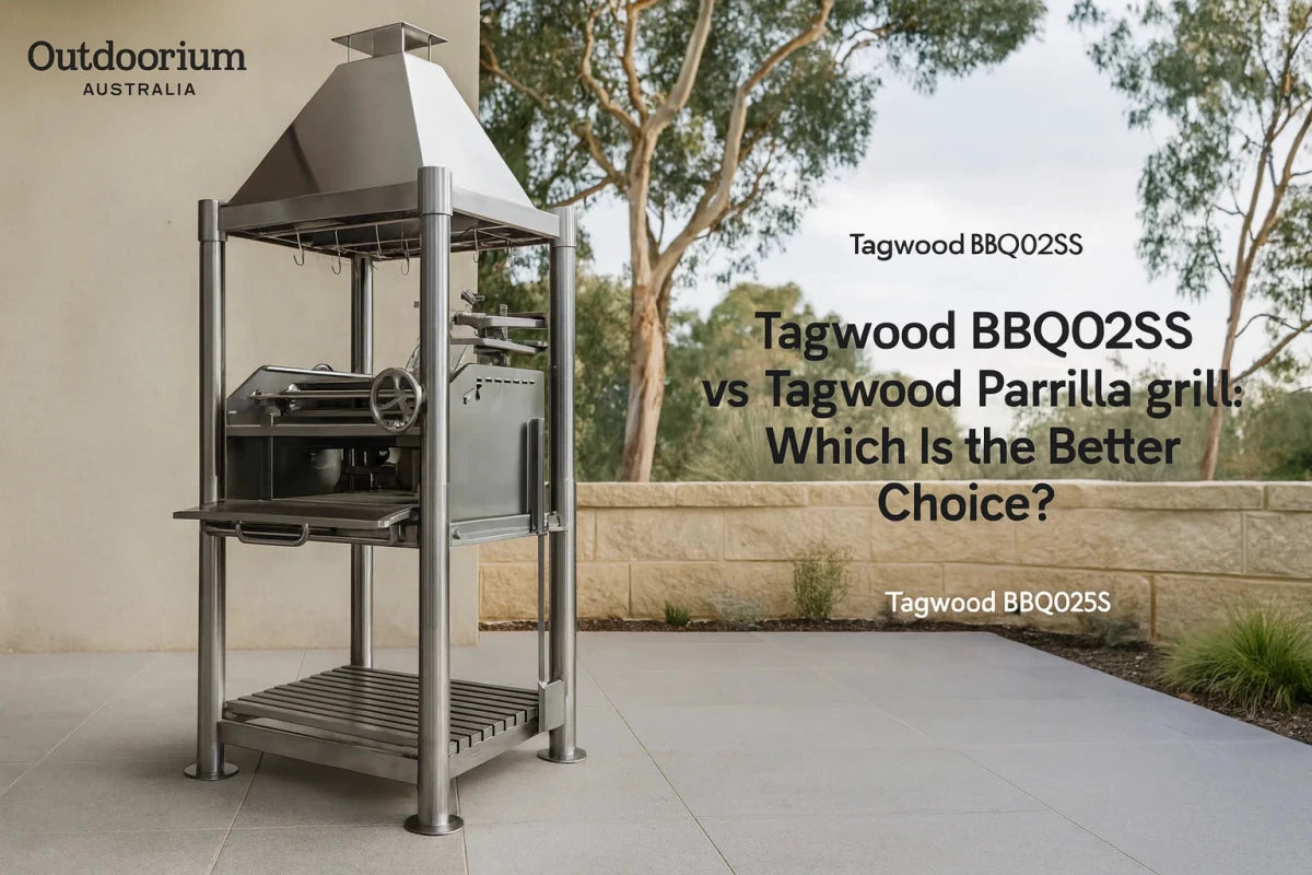 Tagwood BBQ02SS and Tagwood Parrilla grill in a premium Australian alfresco entertaining setting.