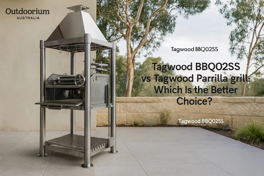 Tagwood BBQ02SS and Tagwood Parrilla grill in a premium Australian alfresco entertaining setting.