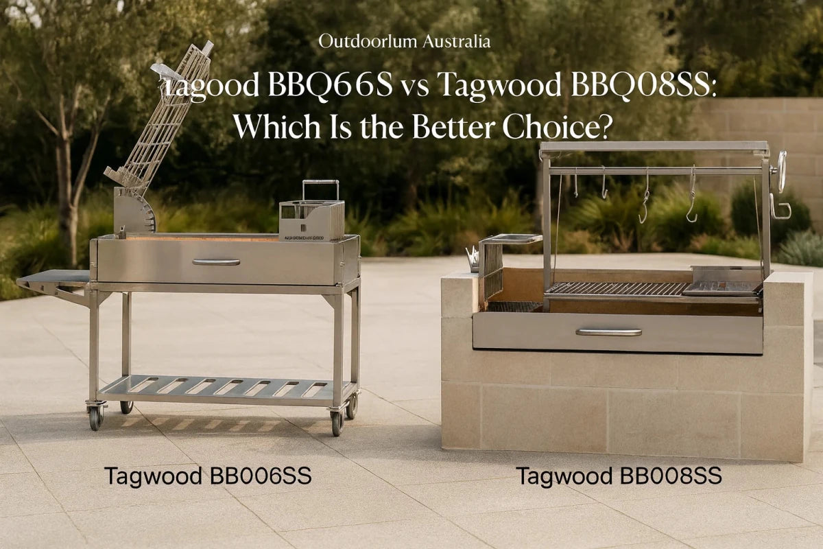 Tagwood BBQ06SS and Tagwood BBQ08SS Argentinian-style parrilla BBQs in a premium Australian outdoor entertaining setting