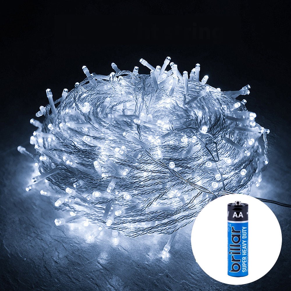 100 Battery Powered LED Fairy Lights 8 Function Memory Hold Christmas Decoration Cool White - Outdoorium