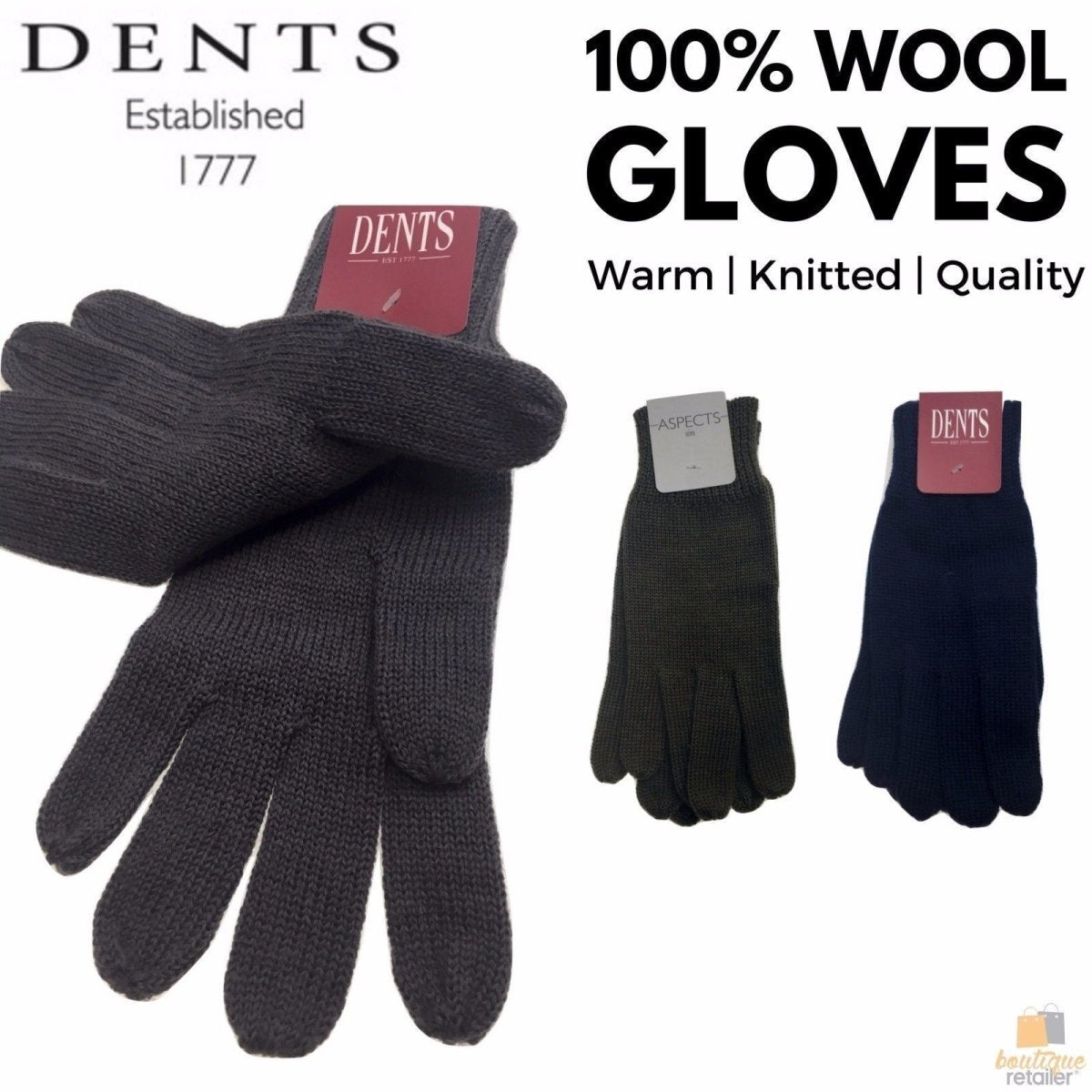 100% PURE WOOL GLOVES Winter Snow Ski Plain Knit Knitted Warm MK341 Plain - Navy - Outdoorium