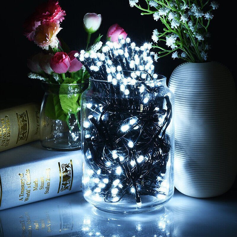 100 Solar LED Fairy Lights 8 Function Memory Hold Christmas Decoration Cool White - Outdoorium