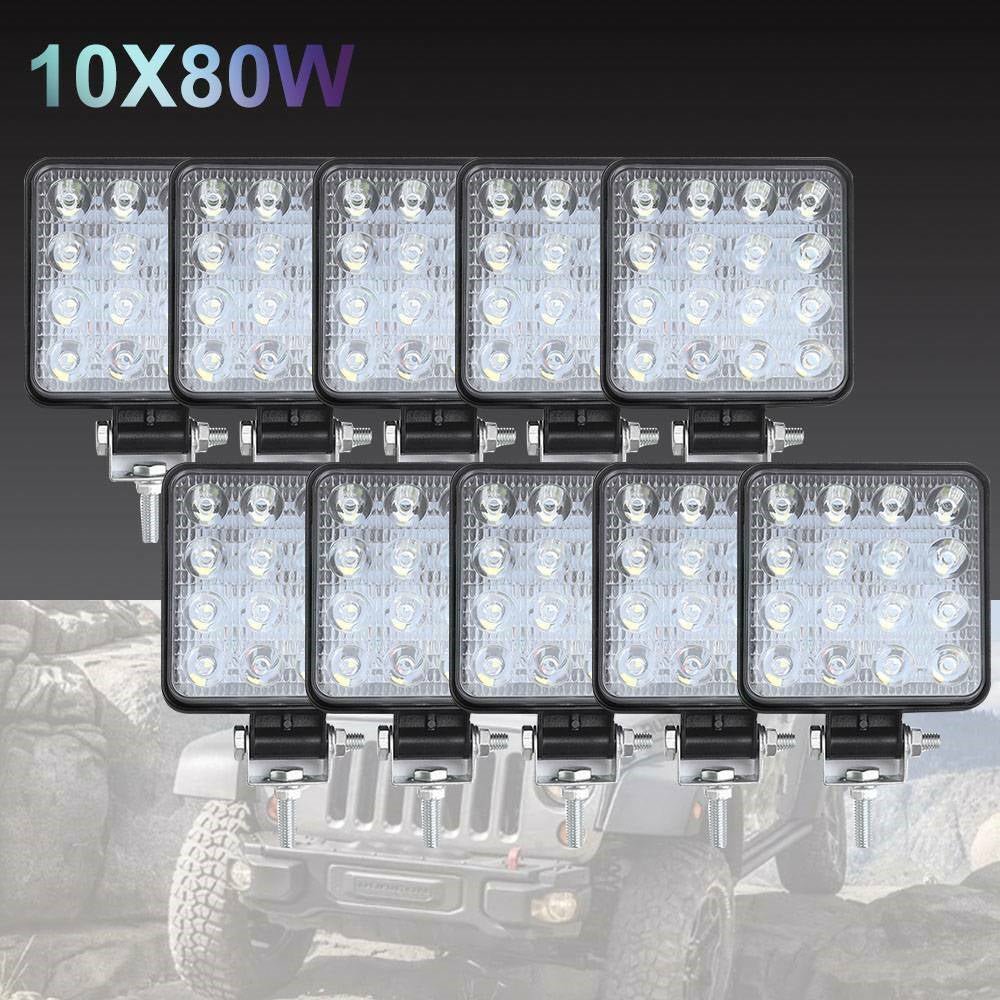 10PCS 80W CREE FLOOD LED Work Lights 12V 24V Boat Camping Square 4inch Bar - Outdoorium